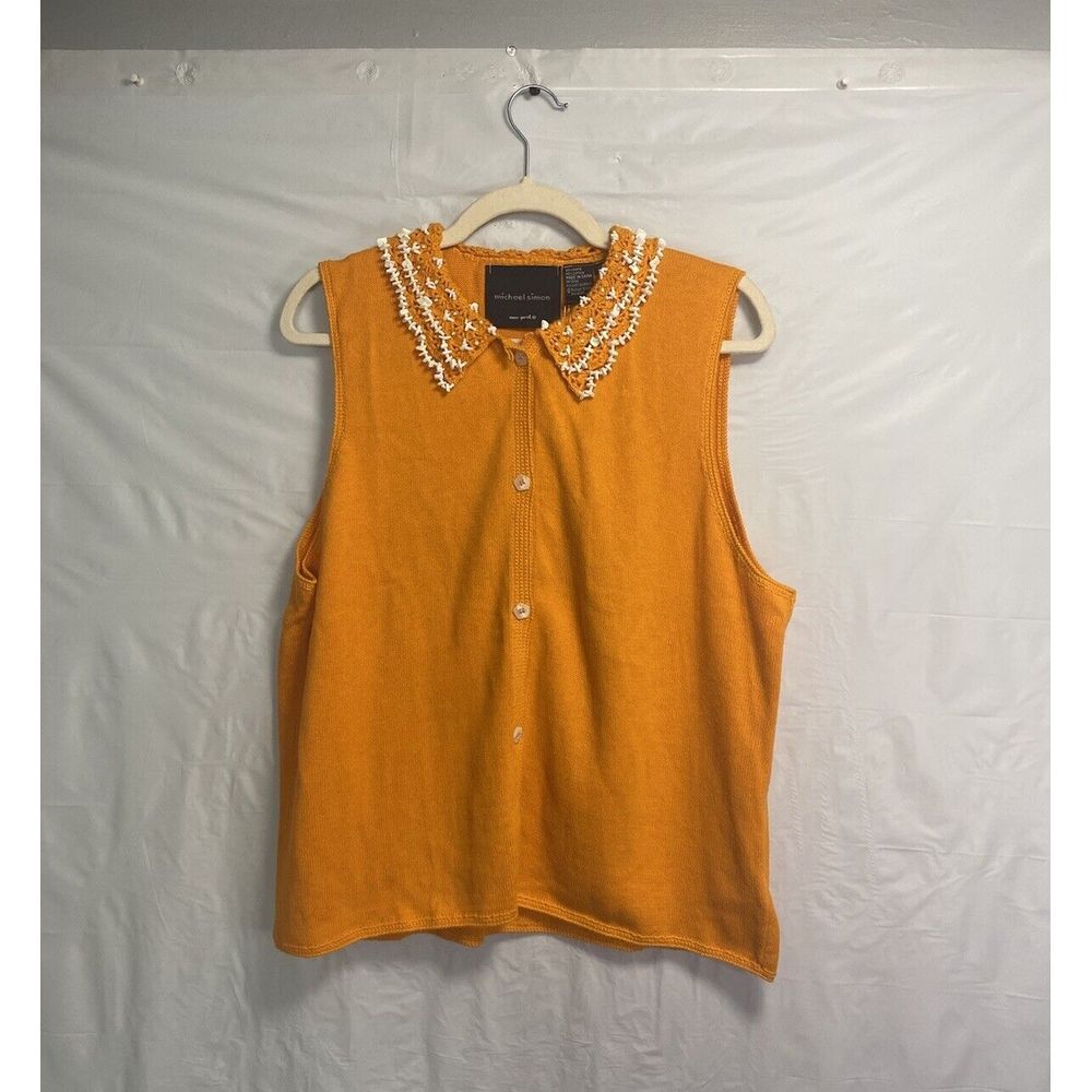 Michael Simon Orange Sleeveless V-Neck Sweater with Crochet Collar